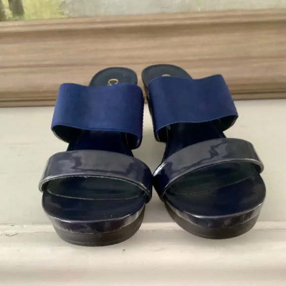 Chaps Shoes Women's Size 7.5 Navy Blue Slides Wedge Slip-on Sandals Elastic Top - Picture 7 of 10